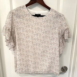 Drew Blouse with ruffle sleeves metallic thread blue and coral floral Size M